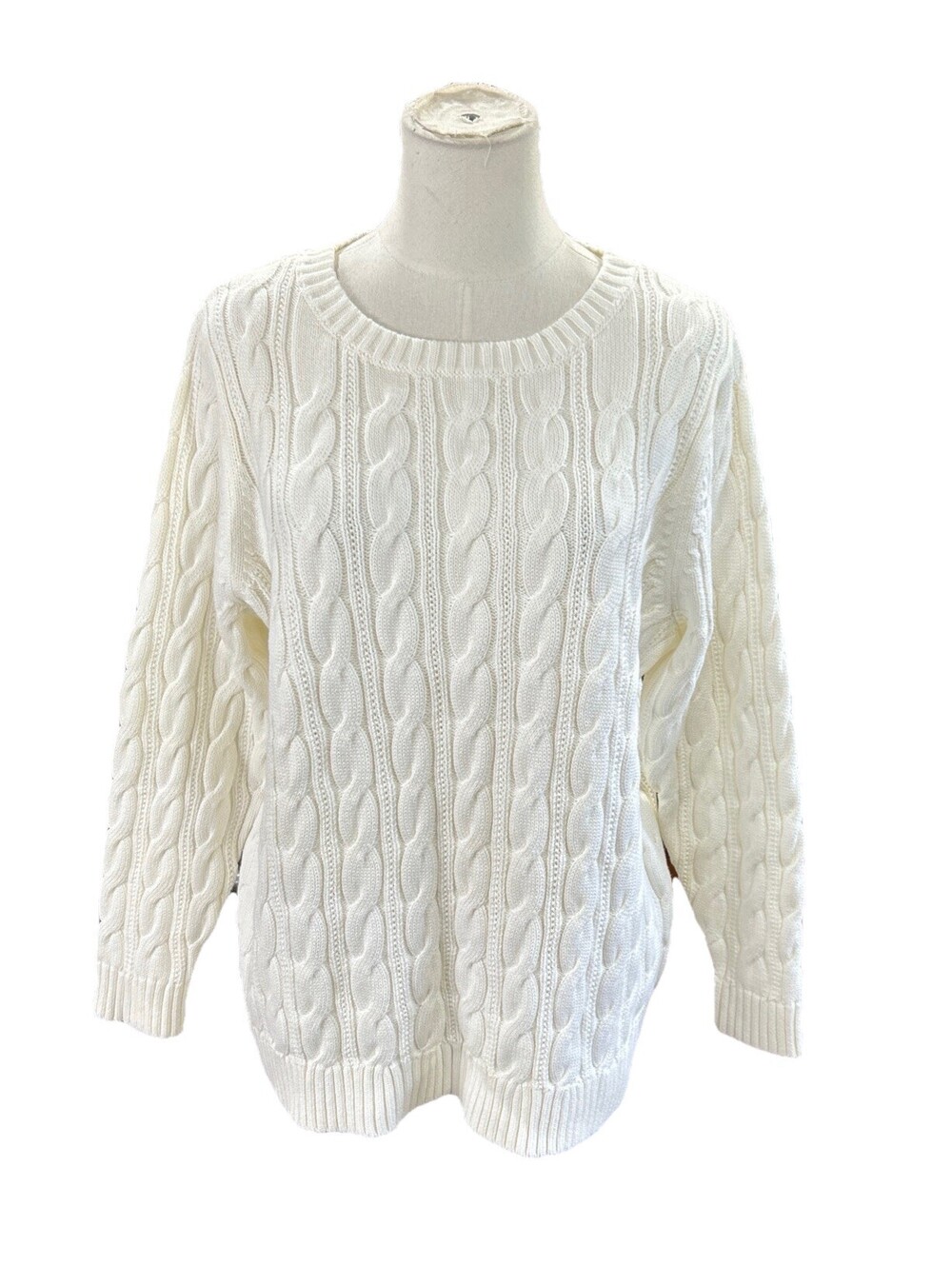 Lands End Women’s Cable Knit Sweater 1X White Cotton